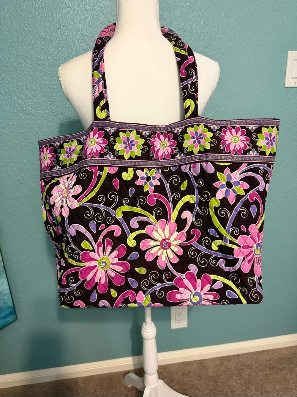Vera Bradley Black Quilted Tote with Pink & Lime Floral Print
